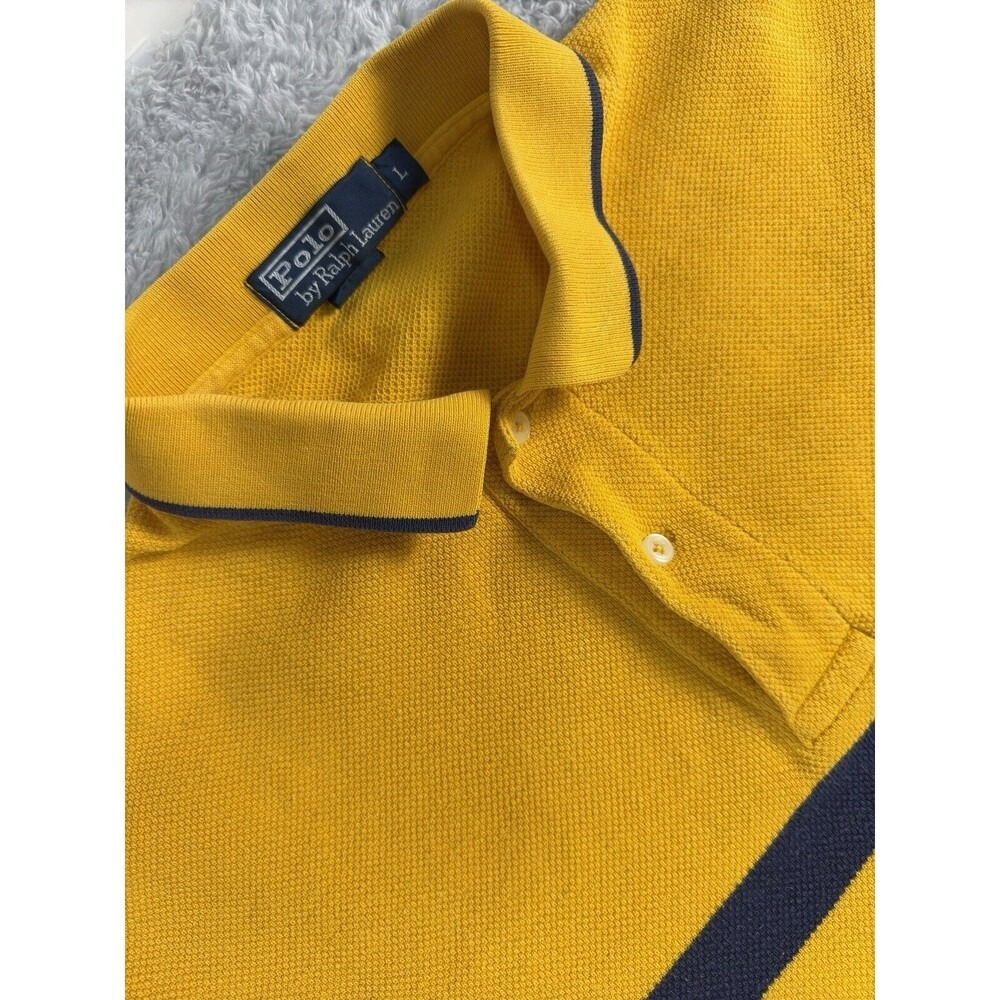 Polo Ralph Lauren Mens Yellow Navy Striped Cotton Pique Polo Shirt Large